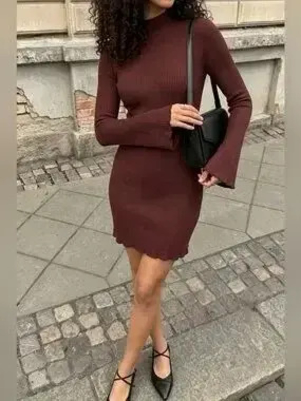 Mock Neck Ribbed Knit Bodycon Mini Dress - Picture 2 of 7